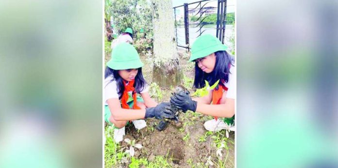 mai scout.JPG_superimposed Two Girl Scouts carefully plant a fruit-bearing seedling at the Iloilo Esplanade 4 during a massive tree planting activity on September 13, part of the Department of Environment and Natural Resources’ Project Transform and the kickoff of Girl Scout Week 2025. GSP ILOILO COUNCIL PHOTO