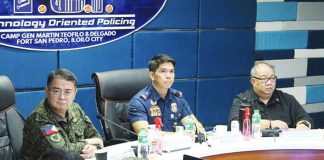 The State is resolute in cutting off terrorism financing in Western Visayas, declare (from left) Colonel Erwin Lamzon of the Philippine Army’s 3rd Infantry Division, Police Brigadier General Josefino Ligan of the Police Regional Office 6, and Prosecutor II Flosemer Chris Gonzales of the Regional Task Force to End Local Communist Armed Conflict, during a press briefing in Iloilo City on the filing of terrorism financing charges against two rebel suspects. AJ PALCULLO/PN