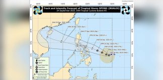 Track and intensity forecast of Tropical Storm Opong issued at 5 a.m., Wednesday, September 24, 2025. PHOTO BY PAGASA/FACEBOOK