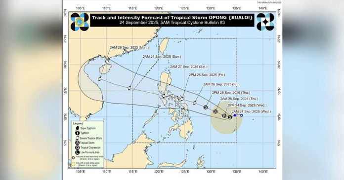 Track and intensity forecast of Tropical Storm Opong issued at 5 a.m., Wednesday, September 24, 2025. PHOTO BY PAGASA/FACEBOOK