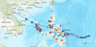 A forecast map of the Philippine Atmospheric Geophysical and Astronomical Services Administration shows the projected track of Tropical Storm “Opong” as it moves westward across the Philippines toward Vietnam. Authorities warn of heavy rains, strong winds, and possible flooding.