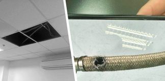Collapsed ceiling panels and a ruptured hose at the pantry of the Iloilo legislative building reveal the extent of damage from the August 28, 2025 flooding in the building, which Mayor Raisa Treñas said may have been an act of sabotage based on initial findings of the City Engineer’s Office.
