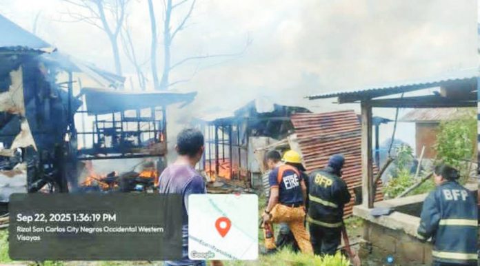An afternoon fire broke out in Greenville Bato, Barangay Rizal, San Carlos City, Negros Occidental, on Monday, Sept. 22, 2025, displacing around 395 individuals and destroying 93 houses. BFP-SAN CARLOS CITY PHOTO