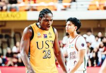 Rookie Collins Akowe powers University of Santo Tomas Growling Tigers to season opener win over University of the Philippines Fighting Maroons. UAAP PHOTO