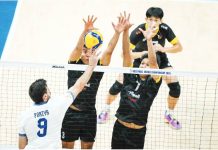 Alas Pilipinas' Joshua Retamar blocks the attack of Iran's Poriya Hossein Khanzadeh Firouzjah. FIVB PHOTO