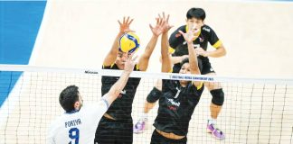 Alas Pilipinas' Joshua Retamar blocks the attack of Iran's Poriya Hossein Khanzadeh Firouzjah. FIVB PHOTO