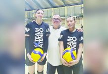 Bacolod Tay Tung High School Thunderbolts team manager Jose Montalbo (center) with Brianna Ang (left) and Jan Rose Bulak (right). CONTRIBUTED PHOTO