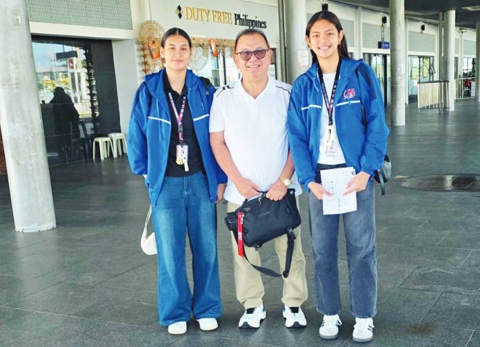 Bacolod Tay Tung High School Thunderbolts’ Abigail Labajo, team manager Jose Montalbo, and Rhose Viane Almendralejo on their way to Manila on Thursday to formally commit to the NU Lady Bulldogs. PHOTO COURTESY OF JOSE MONTALBO