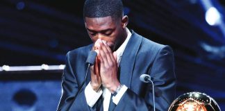 Paris Saint-Germain forward Ousmane Dembele turns emotional after receiving the Ballon d’Or award during the 2025 Ballon dOr France Football award ceremony at the Theatre du Chatelet in Paris. AFP
