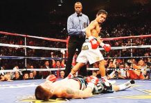 Ricky Hatton lies on the canvas after being knocked out by Manny Pacquiao during their world title fight at the MGM Grand, Las Vegas, Nevada, USA in May 2009. PA