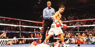 Ricky Hatton lies on the canvas after being knocked out by Manny Pacquiao during their world title fight at the MGM Grand, Las Vegas, Nevada, USA in May 2009. PA