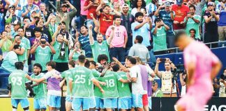 Seattle’s Alex Roldan celebrates with Sounders teammates after scoring the second goal in their 3-0 victory over Inter Miami in the Leagues Cup final. PHOTO COURTESY OF RICH LAM / GETTY IMAGES