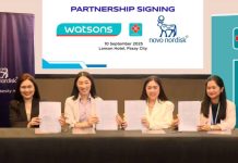 Executives from Watsons Philippines and Novo Nordisk seal their partnership to advance diabetes awareness and expand nationwide access to healthcare. From left: Geraldine Perez, Market Access and Business Development Director, and Wei Sun, General Manager, both from Novo Nordisk; Joweeh Liao, Director for Health Business Unit, Finance, Property & Store Development, and Sharon Decapia, Senior AVP for Marketing, PR & Sustainability, both from Watsons Philippines.