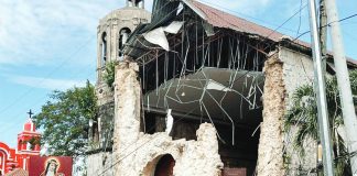 This photo shows the damage outside the Archdiocesan Shrine of Santa Rosa de Lima in Daanbantayan, Cebu after an offshore earthquake on Sept. 30, 2025. AP