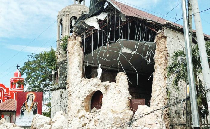 Cebu rocked again copy This photo shows the damage outside the Archdiocesan Shrine of Santa Rosa de Lima in Daanbantayan, Cebu after an offshore earthquake on Sept. 30, 2025. AP