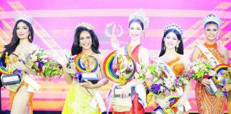 Newly crowned MassKareyna 2025 Queen Kirk Vertudazo Popiolek (center) of Misamis Oriental beams with pride alongside her royal court: first runner-up ML Tucay, second runner-up Karen Montecillo, third runner-up Mikay Bautista, and fourth runner-up Georgina Roger Pacilan during the glittering coronation night at the Bacolod City Government Center grounds. MASSKARA FESTIVAL 2025 FB PHOTO