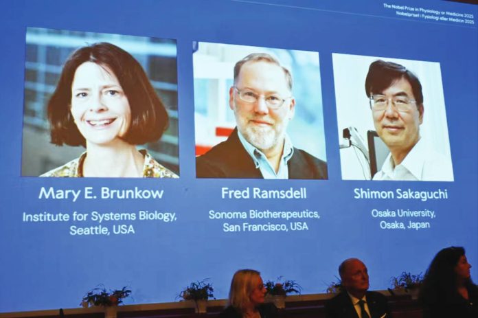 Nobel (From left) US researchers Mary Brunkow and Fred Ramsdell and Japan's Shimon Sakaguchi are awarded the Nobel Prize in Physiology or Medicine 2025 for their discoveries concerning peripheral immune tolerance that prevents the immune system from harming the body.