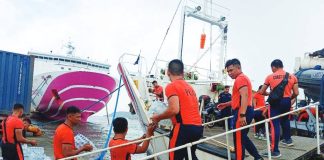 Personnel of the Philippine Coast Guard District Western Visayas load relief goods onto the BRP Corregidor (AE-891) bound for Cebu following the magnitude 6.9 earthquake on September 30, 2025. The shipment includes drinking water, canned goods, clothes, and instant noodles to support affected communities. CIVIL RELATIONS GROUP-WV PHOTO
