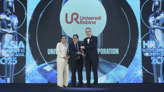 URC1 Three years running: Universal Robina Corporation is still among Asia’s Best Companies to Work For in 2025. In photo left to right are Louisa Tagulinao (Associate, Early Careers and Corporate Communications), John Albert Ampil (Group Manager, Talent Acquisition, Total Rewards, and Employee Experience), and Datuk William Ng (Chairman and Managing Director of Audience Analytics Limited).