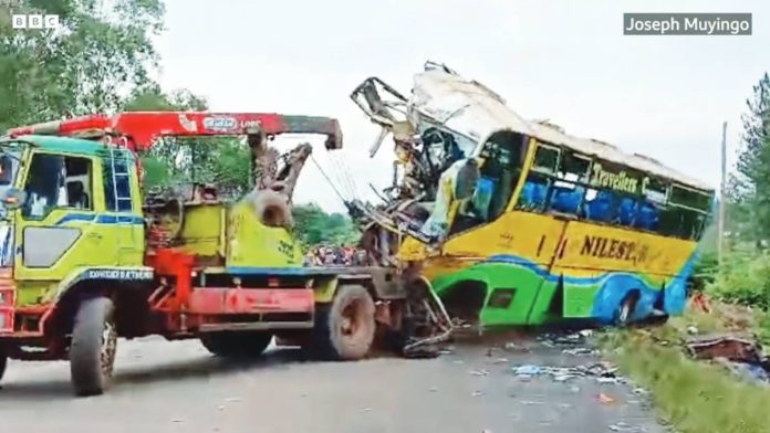 Four vehicles are involved in a crash on a major highway on the Kampala-Gulu Highway in Uganda. Forty-six people have been killed, the police say. BBC