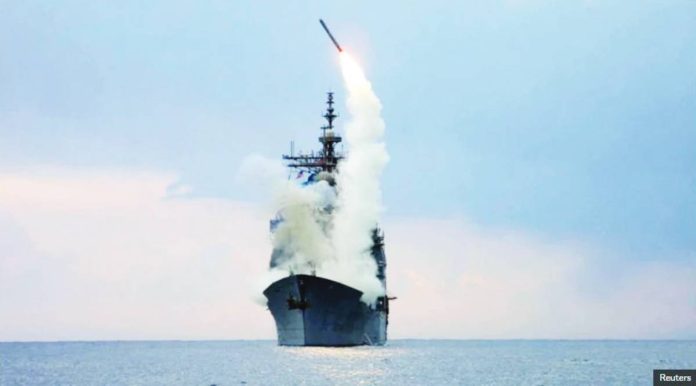 A Tomahawk Land Attack Missile is launched from a US missile cruiser. Tomahawk missiles would boost Ukraine’s ability to strike targets deep inside Russia. REUTERS