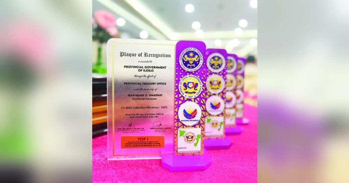 lyndie revenue_superimposed_compressed Plaques of recognition awarded by the Bureau of Local Government Finance (BLGF) to the Provincial Government of Iloilo, led by Provincial Treasurer Jean Maire Umadhay, for achieving the Highest Collection Efficiency in Four Locally-Sourced Revenues in Western Visayas for 2024. The recognition highlights Iloilo’s exemplary fiscal management and governance efficiency. PHOTO COURTESY OF BALITA HALIN SA KAPITOLYO