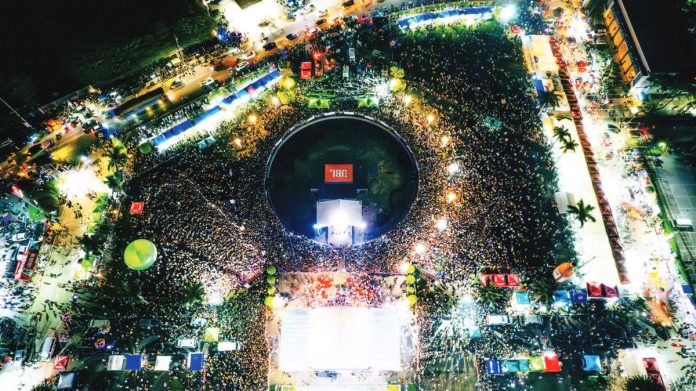 Aerial view of the Bacolod City Government Center at around 11:40 p.m. on October 1 during the MassKara Festival grand opening, which drew more than 51,000 spectators. MAYOR GREG GASATAYA/FACEBOOK PHOTO