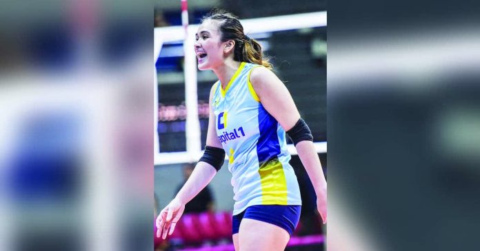 Mhicaela Belen celebrates after scoring a point during Capital1’s four-set victory over Nxled. PVL PHOTO