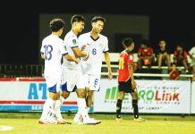 HAT-TRICK PLUS ONE. Bjorn Martin Kristensen (center) celebrates after scoring all four goals in the Philippine Men’s Football Team’s 4–1 victory over Timor-Leste in the AFC Asian Cup 2027 Qualifiers. AFC PHOTO