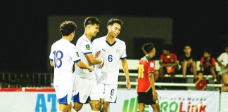 HAT-TRICK PLUS ONE. Bjorn Martin Kristensen (center) celebrates after scoring all four goals in the Philippine Men’s Football Team’s 4–1 victory over Timor-Leste in the AFC Asian Cup 2027 Qualifiers. AFC PHOTO