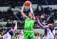 De La Salle University’s Manuel Luis Pablo soars for a basket against University of the Philippines’ defense. UAAP PHOTO