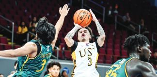 UST Growling Tigers’ Kyle Paranada pulls up for a jumper against FEU Tamaraws’ Jorick Bautista during their UAAP Season 88 clash at the Mall of Asia Arena. UAAP PHOTO