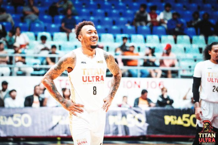 sports_Abueva_resized Calvin Abueva of the Titan Ultra Giant Risers celebrates after scoring a crucial basket against the Meralco Bolts during their PBA Season 50 debut at the Ynares Center in Antipolo City. PHOTO COURTESY OF TITAN ULTRA GIANT RISERS