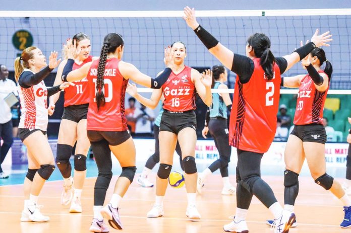 STRONG START. Petro Gazz Angels celebrate their emphatic straight-set win over the Galeries Tower Highrisers in the 2025 PVL Reinforced Conference opener at the City of Dasmariñas Arena, Cavite. PVL PHOTO