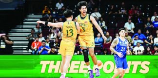 Far Eastern University’s Jorick Bautista celebrates after drilling back-to-back clutch triples to lift the Tamaraws past Ateneo de Manila University, 75-68, in the UAAP Season 88 men’s basketball tournament. UAAP PHOTO
