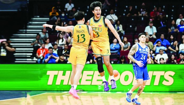 sports_Bautista_resized_compressed Far Eastern University’s Jorick Bautista celebrates after drilling back-to-back clutch triples to lift the Tamaraws past Ateneo de Manila University, 75-68, in the UAAP Season 88 men’s basketball tournament. UAAP PHOTO