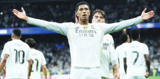 Real Madrid’s Jude Bellingham celebrates after scoring the decisive goal in their 2-1 victory over FC Barcelona in the El Clasico at the Santiago Bernabéu. AFP