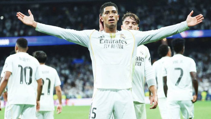 Real Madrid’s Jude Bellingham celebrates after scoring the decisive goal in their 2-1 victory over FC Barcelona in the El Clasico at the Santiago Bernabéu. AFP