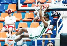 College of St. Benilde’s SJ Moore finishes with a two-handed dunk against Letran. PHOTO COURTESY OF NCAA/GMA SPORTS