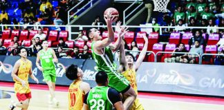 Allen Liwag of the College of St. Benilde Blazers drives to the basket against the San Sebastian College-Recoletos Golden Stags during their NCAA clash at the Playtime FilOil Center in San Juan. PHOTO BY NCAA/GMA SPORTS
