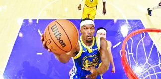 Golden State Warriors guard Jimmy Butler III attacks the basket for a layup. NBA PHOTO
