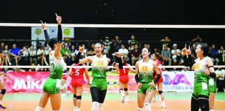 The De La Salle University Lady Spikers celebrate after sweeping the University of the East Red Lady Warriors to win the Unigames 2025 women’s volleyball title. PHOTO COURTESY OF STEPHEN TAN