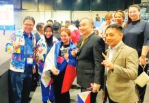 Kram Airam Carpio (center) captured the Philippines’ first gold medal in pencak silat at the Asian Youth Games in Manama, Bahrain. POC PHOTO