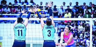 Alyssa Valdez of Creamline Cool Smashers scores against the defense of Galeries Tower Highrisers. PVL PHOTO
