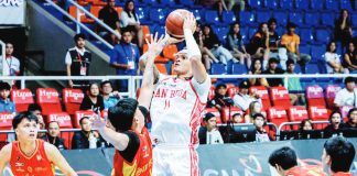 San Beda University’s Agjanti Miller pulls up for a jumper against San Sebastian’s defense. NCAA PHOTO