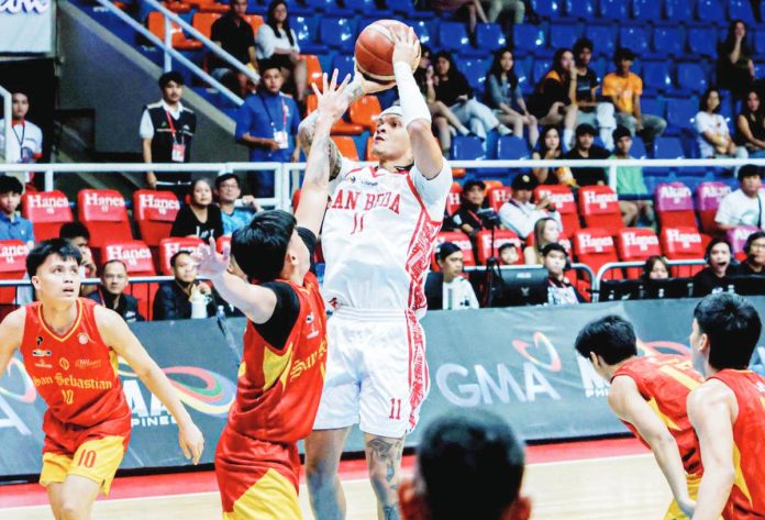 San Beda University’s Agjanti Miller pulls up for a jumper against San Sebastian’s defense. NCAA PHOTO