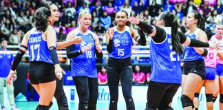 ZUS Coffee Thunderbelles celebrate after extending their unbeaten run in the 2025 PVL Reinforced Conference with a stunning win over defending champion Creamline Cool Smashers. PVL PHOTO