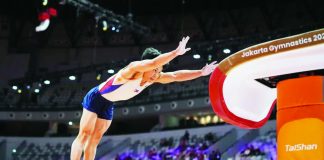 Filipino gymnast Carlos Edriel Yulo tackles the vault to win gold in the 2025 FIG Artistic Gymnastics World Championships in Jakarta, Indonesia. AP
