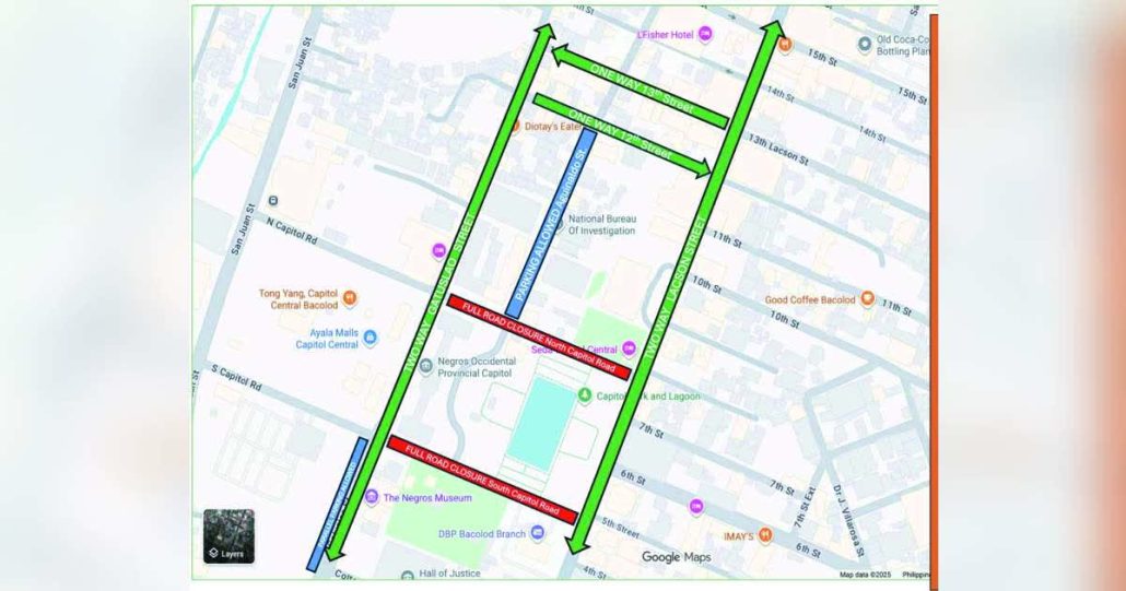 Map showing the rerouting scheme for public utility jeepneys (PUJs) in Bacolod City during the 15-day closure of North and South Capitol Roads, from November 10 to 24, to give way to the preparations for Terra Madre Asia and Pacific 2025. BTTMD PHOTO