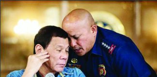 Sen. Ronald “Bato” Dela Rosa (right), who led the Philippine National Police from 2016 to 2018, oversaw former president Rodrigo Duterte’s bloody war on drugs — the centerpiece of the International Criminal Court probe launched in 2018 to determine possible crimes against humanity linked to thousands of killings during the campaign. AFP